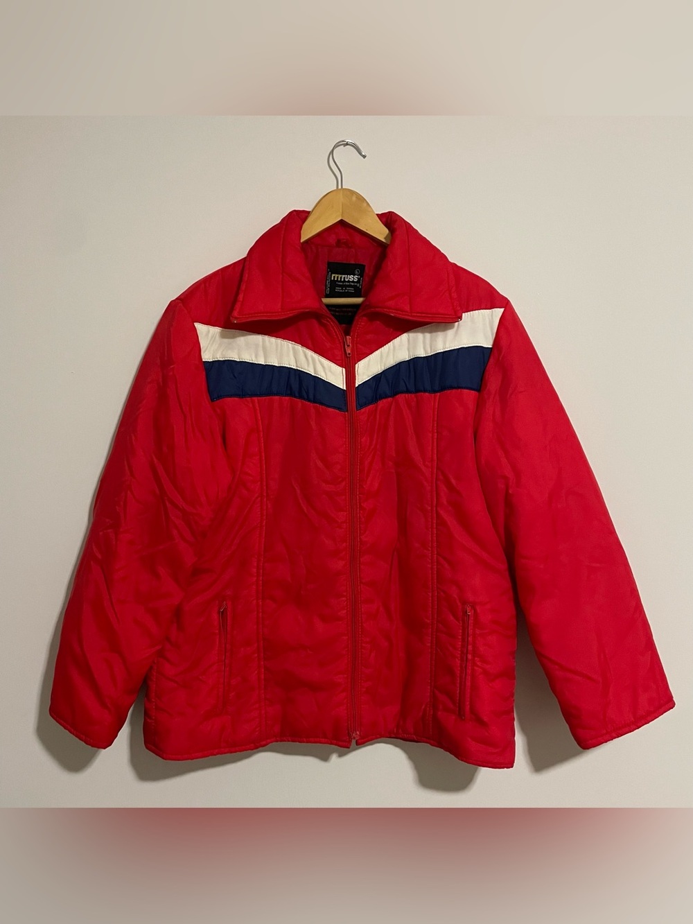 Vintage 70s Puffer Ski Jacket Blue Red Striped Outdoor Coat Size Large Russ Togs
